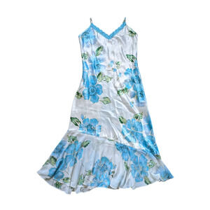 Y2K Delicates Slip Dress S Satin White-Blue Floral Asymmetric Sheer Hem Fairy